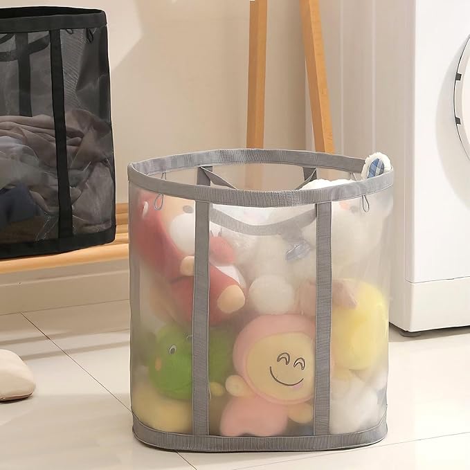 Mesh Bag with Handles, Collapsible Laundry Basket, Foldable Laundry Bag, Breathable Folding Beach Bag,Space-saving Travel Tote Bags (2, Black)