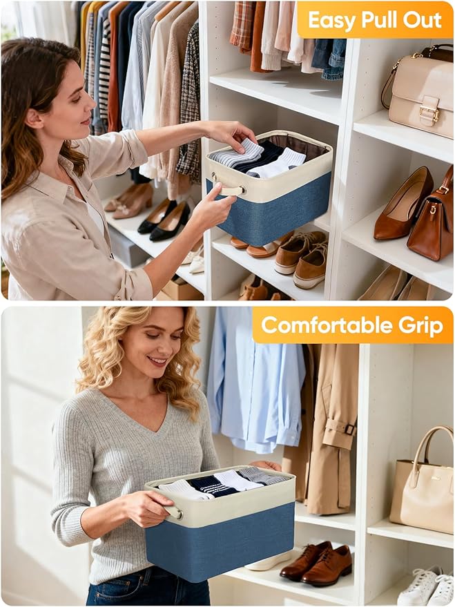 BALEINE 2 Pack Fabric Storage Bins for Shelves, Linen Storage Baskets for Organizing, Decorative Closet Bins for Clothes, Home (Navy Blue, 14''x10''x8.5'')
