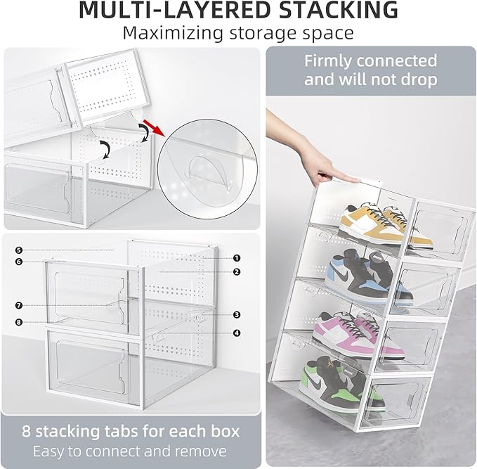 Elechomes Shoe Boxes Clear Plastic Stackable 18 Pack Premium Shoe Organizer Storage for Closet Foldable Shoe Rack Containers Sneaker Display Case Holder Shoe Bin Entryway Drawers Gifts