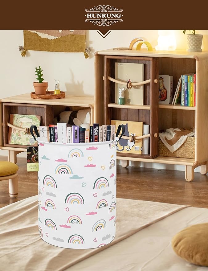 HUNRUNG Laundry Hamper,Large Canvas Fabric Lightweight Storage Basket Toy Organizer Dirty Clothes Collapsible Waterproof for College Dorms（Round-Rainbow）