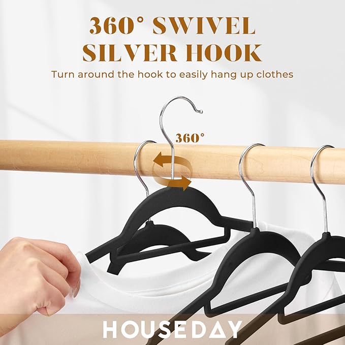 HOUSE DAY Velvet Hangers 60 Pack, Non-Slip Hangers with Tie Bar, Premium Slim Clothes Felt Hanger Standard Hanger 360° Swivel Hook for Closet Organized Storage，Elegance Black