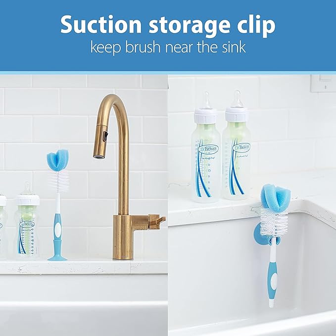 Dr. Brown's Reusable Sponge Baby Bottle Cleaning Brush Set with Suction Cup Stand, Scrubber and Nipple Cleaner, Blue 3-Pack