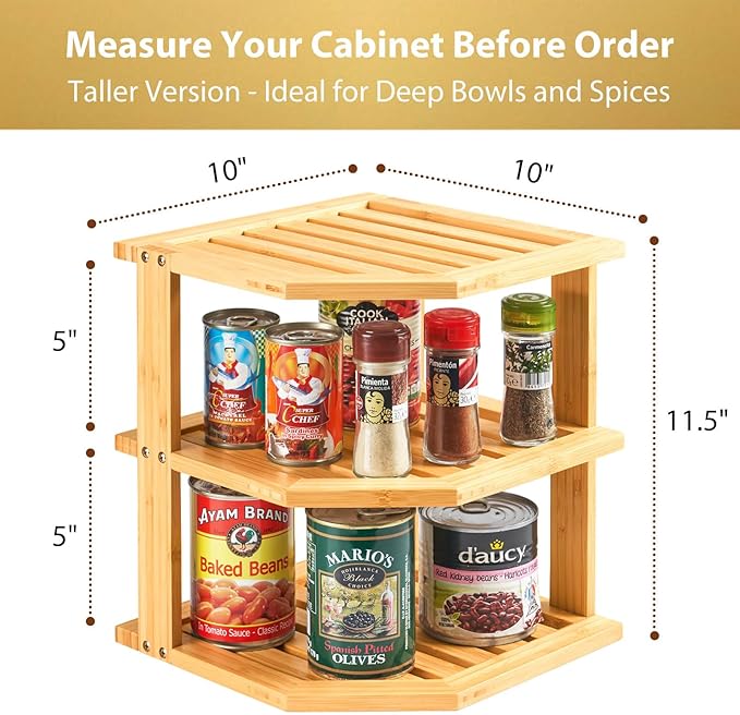 Umilife Plate Organizer for Cabinet, Extra Tall Bamboo Corner Shelf, Dish & Bread Organizer, Spice Rack, Kitchen Bathroom Countertop Storage Organization Space Saver