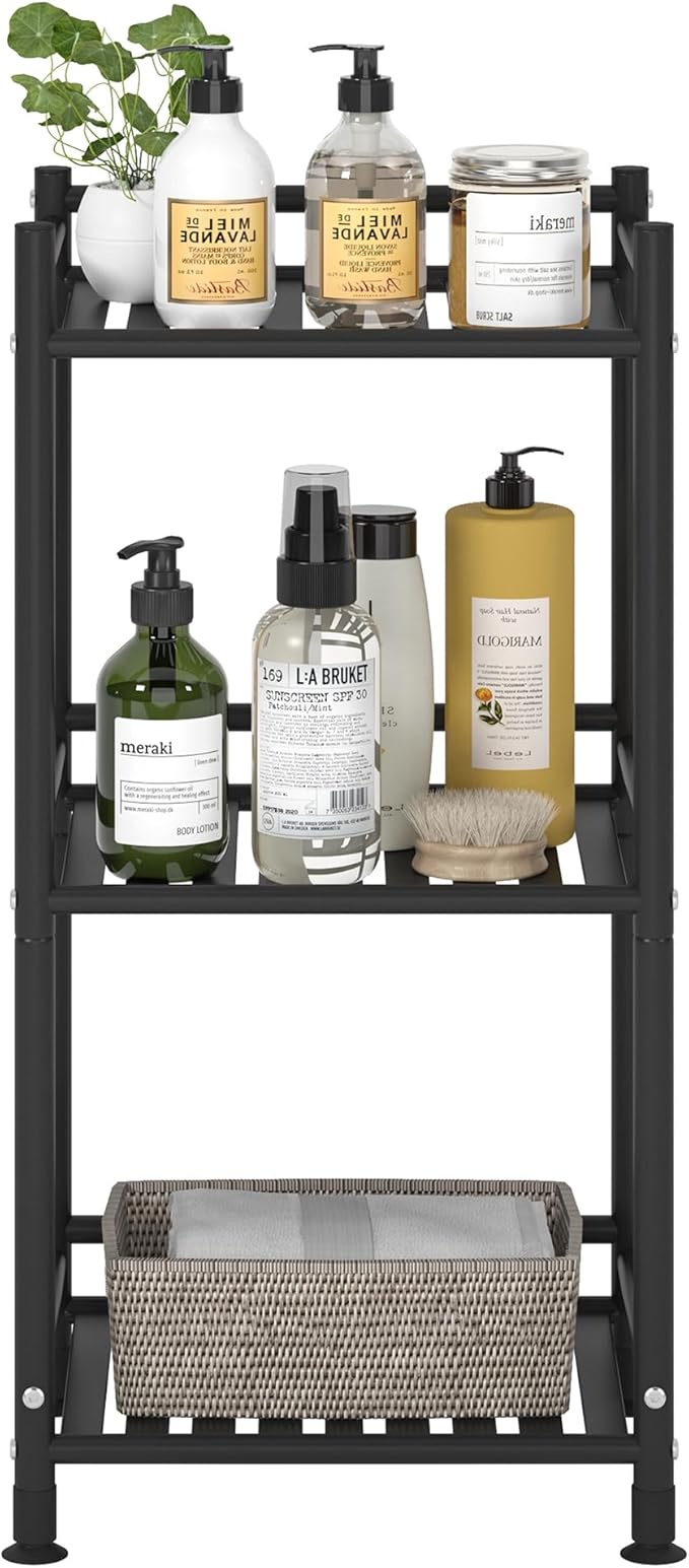 3 Tier Bathroom Storage Open Shelf Unit, Free-Standing Metal Corner Rack Shelving for Kitchen, Living Room, Hallway (Matte Black, 3 Tier)