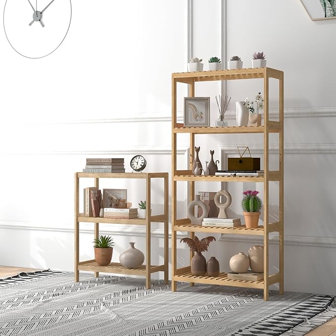 Bamboo Shelf,Bamboo Shelf Stand Utility Storage Shelf Multifunctional Bathroom Kitchen Living Room Holder Plant Flower Stand (5-Tier)