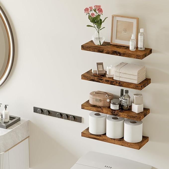 Fixwal 15.8in Wall Shelves, Rustic Wood Finish Floating Shelves Set of 4, Shelves for Wall Decor, with Invisible Brackets for Bathroom, Living Room,Bedroom and Kitchen(Rustic Brown) | Wall Shelves, for Bathroom, Living Room, Bedroom, Kitchen