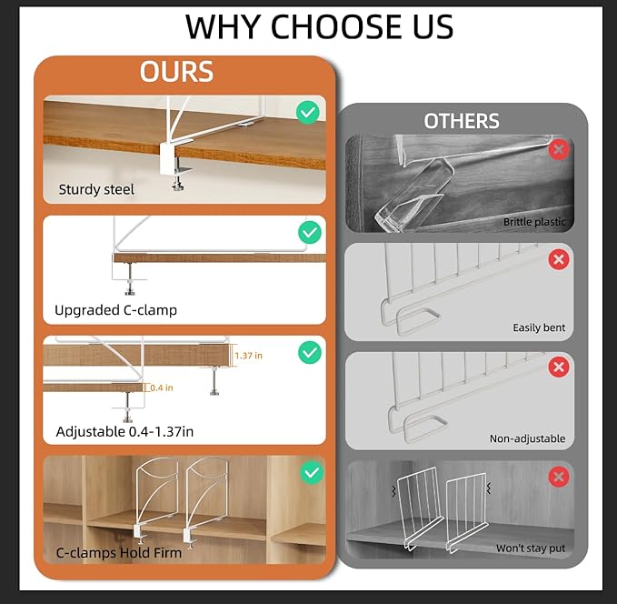 6-Piece Wire Shelf Dividers for Closet Organization, Upgraded C-Clips Adjustable Metal Shelf Dividers Suitable For Bedrooms & Kitchens, Storage Helper for Handbag Sweater Shirt Ankle Boots, White