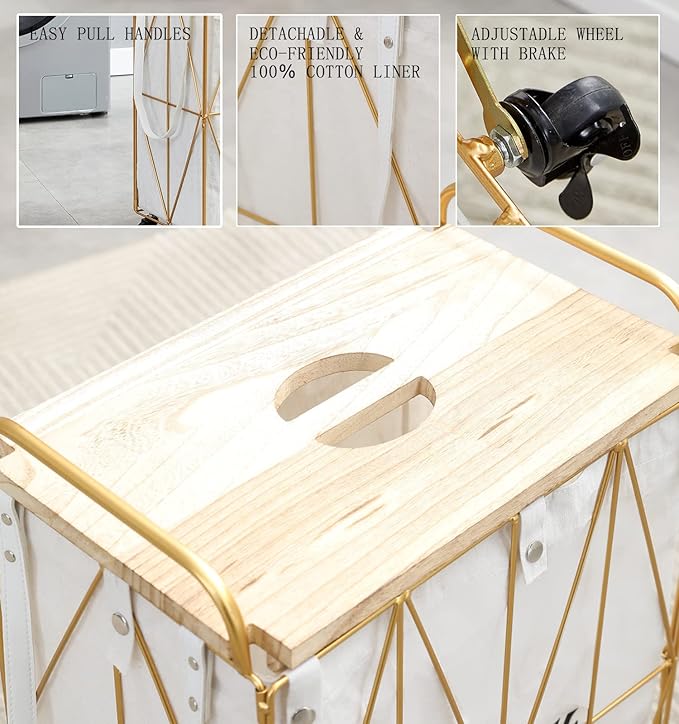 Mxfurhawa Iron Wire Laundry Hamper With Rolling Lockable Wheels, FoldinLaundry Storage Basket with Handles,Detachable Liner Collapsible Dirty Laundry Cart Sorter Clothes Basket Organizer (81-Gold)