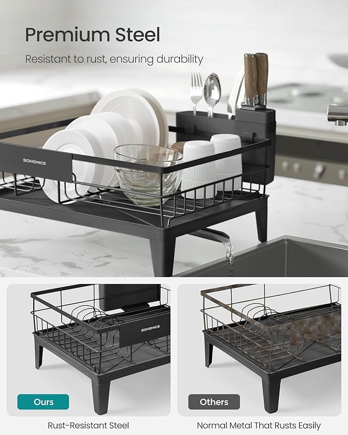 SONGMICS Dish Drying Rack, Kitchen Dish Rack, with Drainboard, 360° Rotatable and Extendable Spout, with Cutlery Holder, 12.2 x 16.5 x 7.3 Inches, Ink Black UKCS550B01