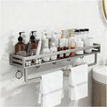 2-in-1 Mount Shower Shelf with Towel Rack & 5 Hooks - 15.8in Rustproof Waterproof Bathroom Organizer - No Drill Adhesive or Drill Mount
