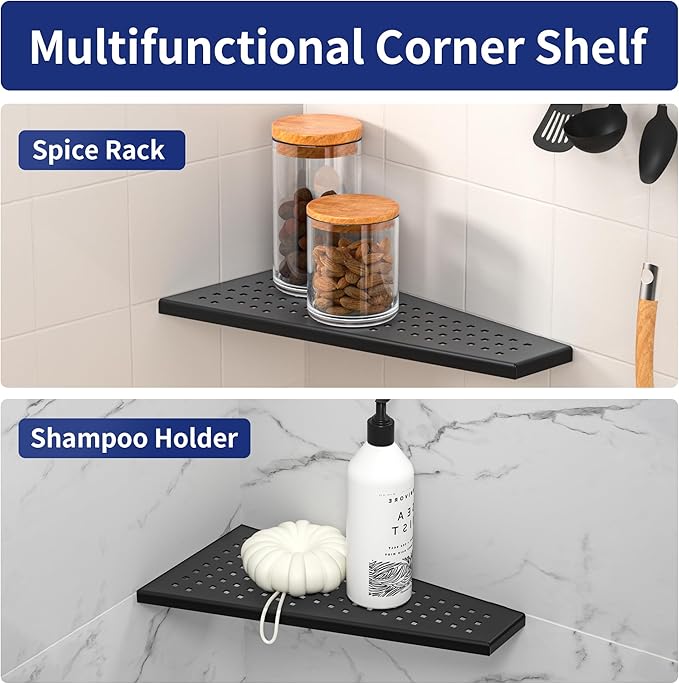 Bernkot Corner Shower Shelf, Matte Black 12" 304 Stainless Steel Trapezoid Grout in Shelf with Grid Hollows Design, Recessed Bathroom Shelves for Tiled Wall Retrofit, 2 Pack