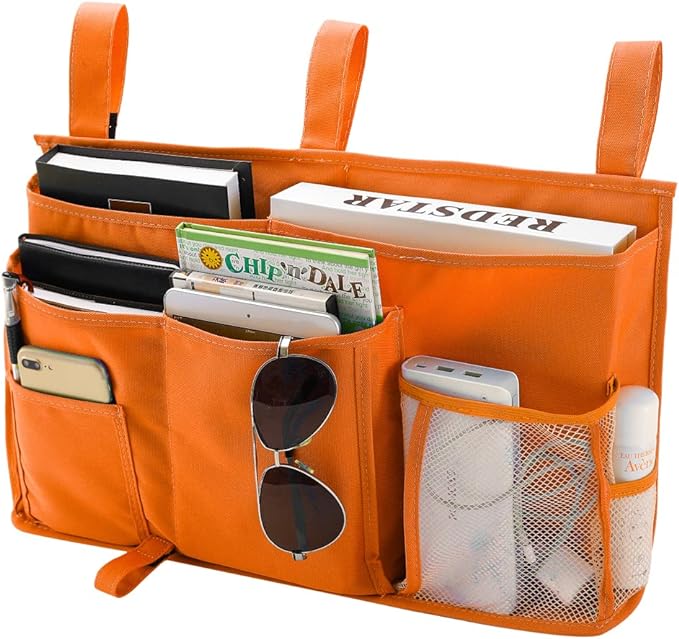 Bseash Bunk Bed Organizer, Bedside Caddy Hanging Bed Organizer Storage Bag 8 Pockets, for College Dorm Rooms Bed, Hospital Bed, Baby Bed Rails, 600D Oxford Cloth (Orange)