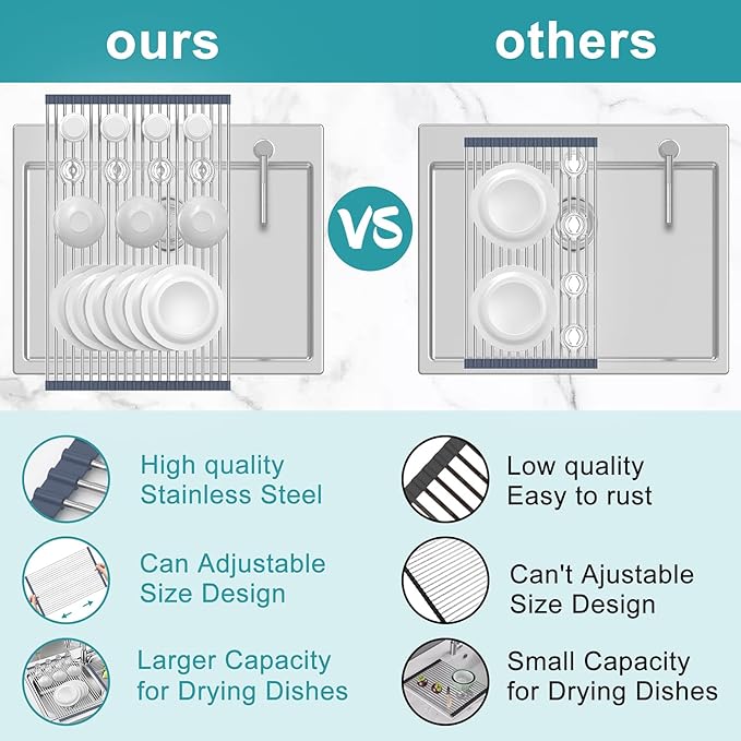 BBXTYLY Extra Large Expandable Roll Up Dish Drying Rack,Over The Sink Drying Rack Sink Cover Kitchen Sink Accessories Kitchen Rolling up Stainless Steel Drainer, Foldable,Rollable（Gray，25.1''-12.4''）