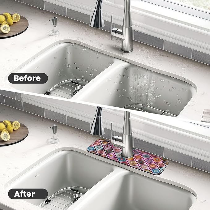Boho Mandala Bohemian Floral Kitchen Sink Splash Guard Faucet Mat Super Absorbent Fast Drying Mat Sink Gadgets-Fast Drying Pad Sink Mat For Kitchen Bathroom (15" X 5.5" )