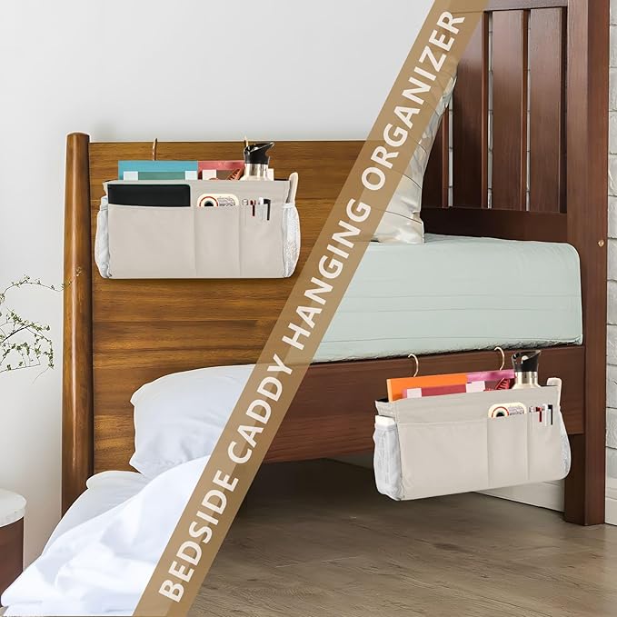 KOPIRIT Beige Bedside Caddy Storage Bag Bedside Organizer for Bed Rails College Dorm Room Organizer Caddy Hanging Shelf 6 Pockets with Hooks for Book Glasses Phone Holder
