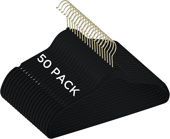 Simplify Slim Velvet Gold Hook Clothes Hangers 50 Pack | Non-Slip | Shirts | Suit | Pants | Dresses | Garments | Closet Storage & Organization | Durable | Black