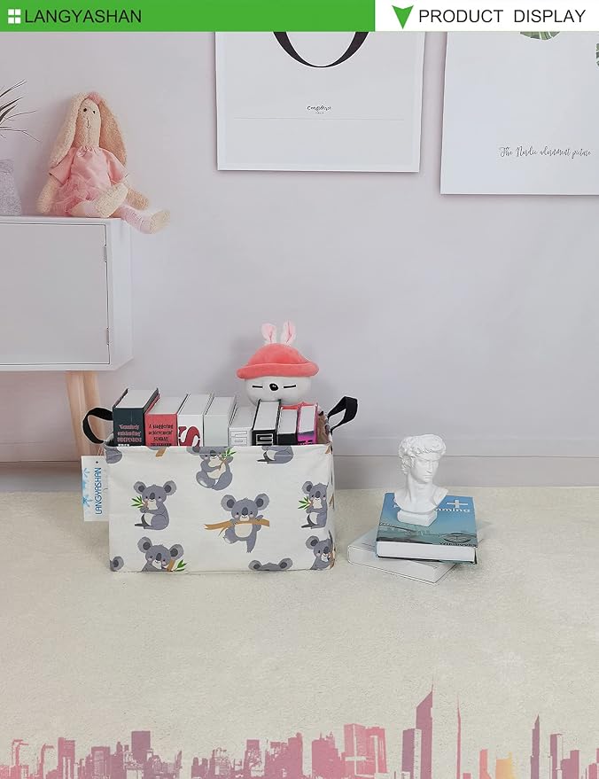 LANGYASHAN Rectangular Storage Bin Collapse Canvas Fabric Cartoon Storage Basket with Handles for Organizing Home Kitchen Boys and Girls Toys Office Closet Shelf Baskets (Rec Koala)
