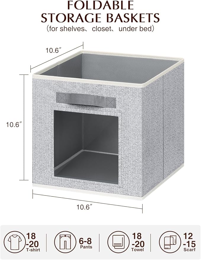 Foldable Storage Cubes - Cubby Storage Organizer with Window, Decorative Baskets for Organizing, 11 Inch Fabric Cube Shelf Bins, Set of 10, Light Gray