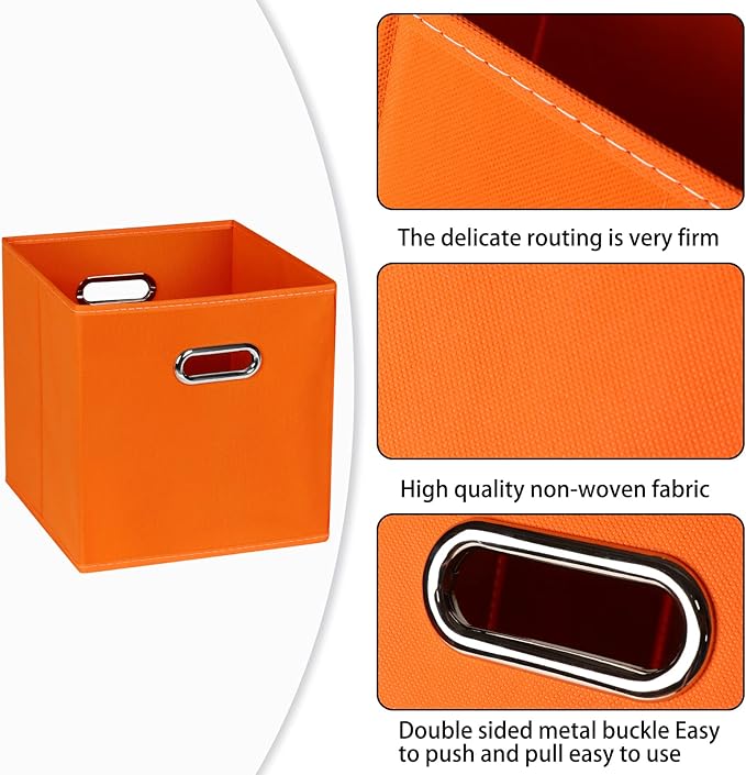 Fabric Cloth Storage Bins,Fabric Cube Bins Organizer with Dual Handles Foldable Cube Storage Baskets for Home Bedroom Storage,Set of 6,(Orange)