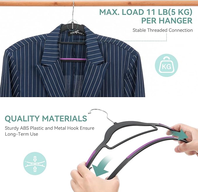 Tonswachic Pack of 30 Coat Hangers, Space-Saving Plastic Clothes Hangers, Non-Slip, 0.2 Inches Slim, 360° Swivel Silver Hook for Shirts, Pants, Suit & Wet/Dry Garments, Purple and Black