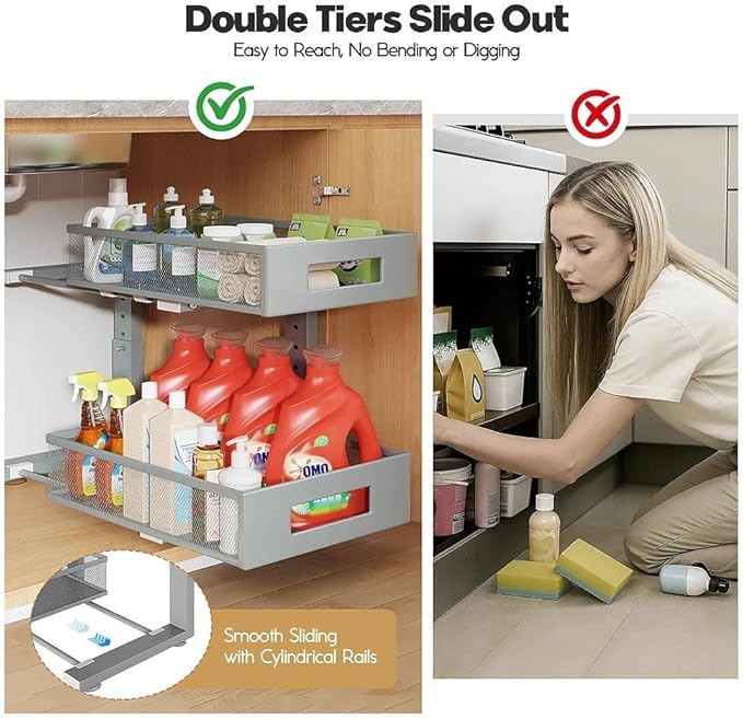 Under Sink Organizer, 2-Tier Dual Pull Out Cabinet Organizer Drawers With Smooth Circular Rail,Large Capacity Metal Mesh Sliding Shelves For Bathroom& Kitchen Storage,Height Adjustable–Gun Gray,1 Pack