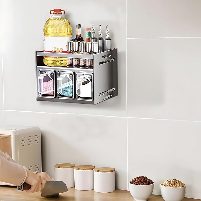 Kitchen Spice Rack, Kitchen Organizer and Storage Rack with 3 Spoons, Spice Organization for Cabinets Punch-free Wall/Countertop Home Decor Multifunctional Double Layer 3 Grid Condiment Rack, Gray