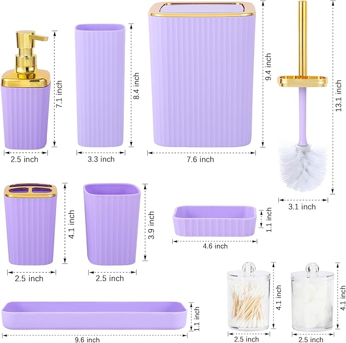 Bathroom Accessory Set,9 Pieces Purple Bathroom Accessories Set with Trash Can, Toothbrush Holder, Soap Dispenser, Toothbrush Cup, Vanity Tray, Soap Dish, Toilet Brush, Qtip Holder