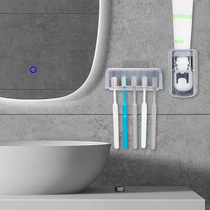 5 Slots Wall Mount Toothbrush Holder with Cover, Self Adhesive Toothbrush Storage Organizer for Shower, Toothbrush Hanger with Automatic Toothpaste Squeezer Dispenser (Grey)