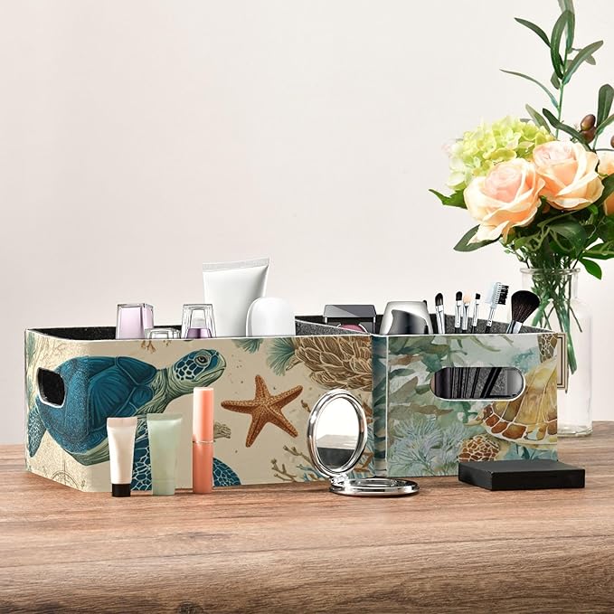 Sea Turtle Corals Starfish Closet Storage Bins 2 Pcs Felt Open Home Storage Containers Organizer with Handles Collapsible Shelf Basket for Home Office Craft Room Classroom Fabric