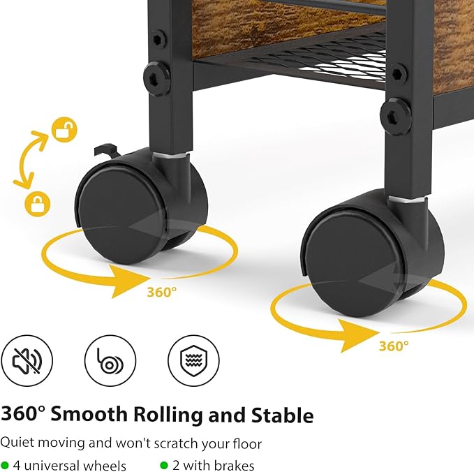 4 Tier Slim Rolling Storage Cart Narrow Space Utility Cart with Handle Metal Frame with Wood Top Table Sturdy Cart Organizers and Storage for Kitchen Bathroom Laundry Office, 5.1 Inches Deep Black