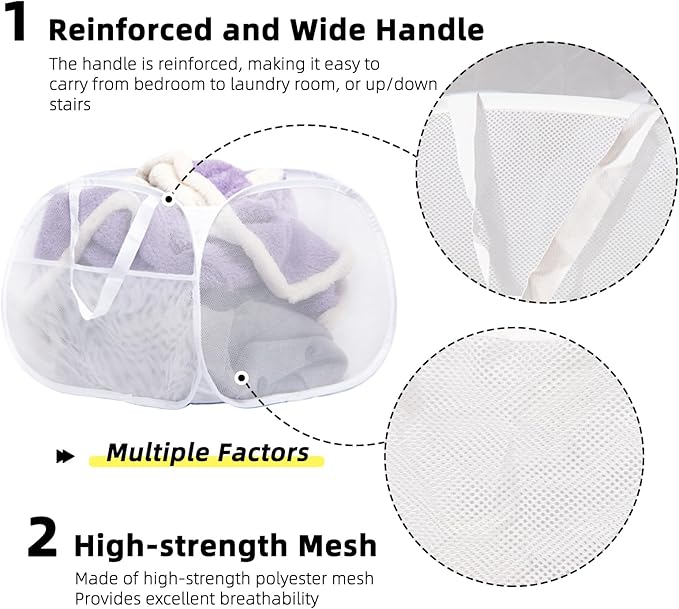 Collapsible Laundry Basket, 90L Foldable Pop-up Laundry Hamper with Handles, Mesh Dirty Clothes Hamper for Laundry, Bathroom, Kids Room, Dorm,Travel or Camping (White)