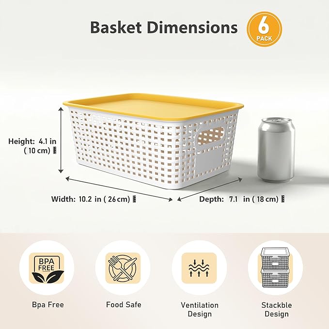 AREYZIN 6 Pack Plastic Storage Bins with Lid,Stackable Storage Bins and Storage Baskets for Shelves,Small Baskets for Organizing, Small Storage Bins,10.2x7.2x4.1 Inch, White