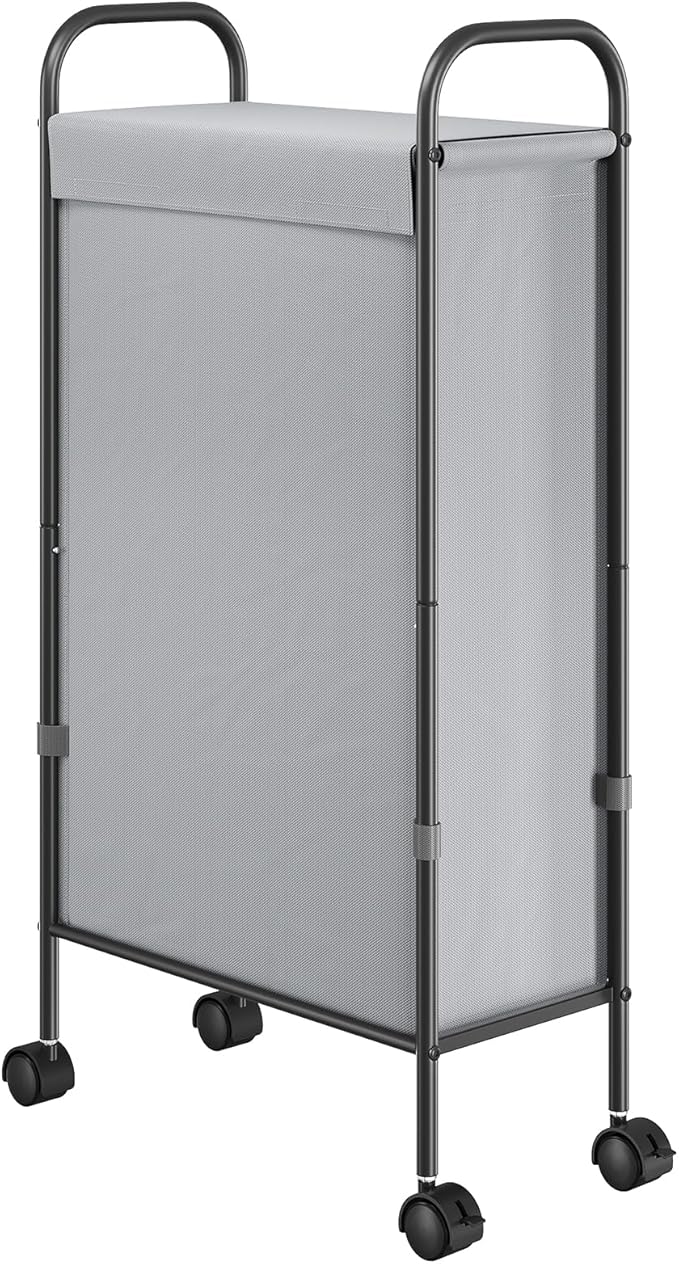 ELYKEN Slim Laundry Hamper with Lid, 50L Small Rolling Laundry Basket on Wheels, 7.9” Narrow Dirty Cloth Cart with Removable Inner Bag for Small Bathroom, Bedroom, Grey