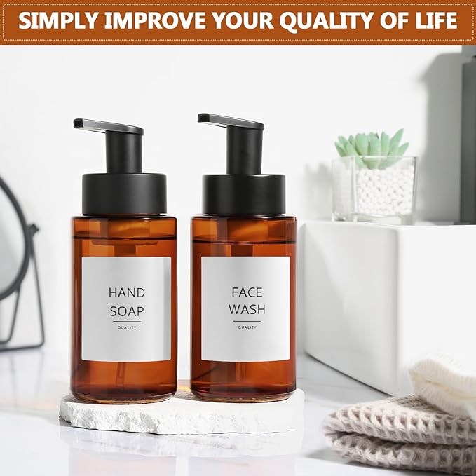Amber Foam Soap Dispenser, 10 oz/300ml Glass Foaming Soap Dispenser, 4 Pcs Foaming Hand Dispenser for Bathroom & Kitchen, Refillable Bottle with Waterproof Labels