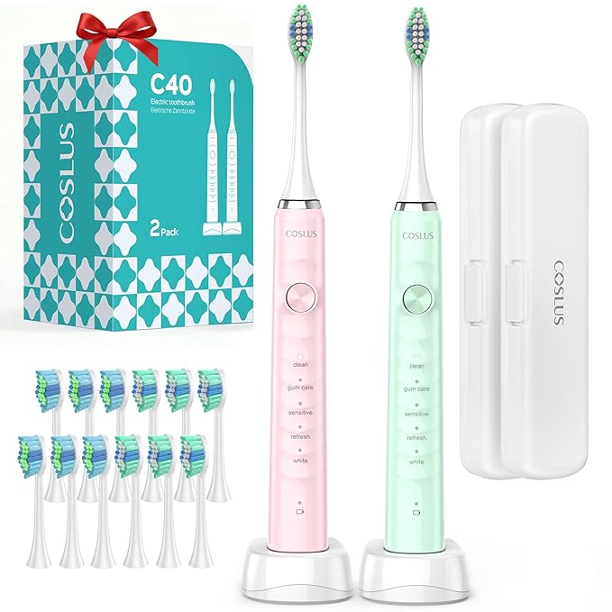COSLUS C40 Sonic Electric Toothbrush for Adults: 47000 VPM for Deep Cleaning & Whitening with Travel Case - 5 Modes for Sensitive Teeth & Braces, Wireless Charging, 6 Brush Heads, Pink & Green (2PCS)