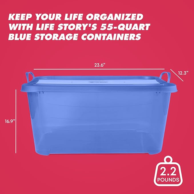 Life Story 12 Pack Light Duty Stackable Storage Bin, 55 Quart Home Organizer, Versatile Lightweight Locking Bins with Carrying Handles, Blue