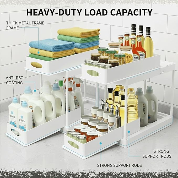 2 Pack Under Sink Organizer, Pull-Out Cabinet Storage Organizers for Bathroom & Kitchen, Multi-Purpose Under Counter Shelf Rack for Cleaning Supplies, Bottles & Toiletries, Cabinet Organizer (White)