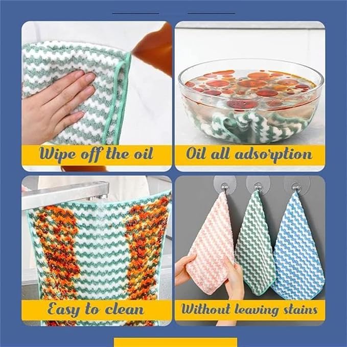 Coral Fleece Striped Rag Cleaning Dish Cloth, Circulatik Microfiber Cleaning Rag, Non Stick Oil Fast Drying Reusable Washable Towels (5PCS)