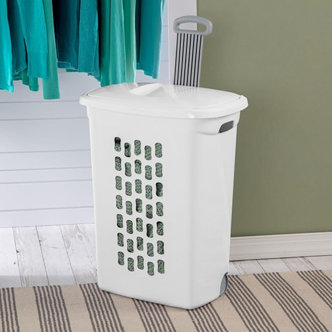 Sterilite 6-Pack Ultra Wheeled Hamper, Laundry Basket w/Flip-Top Lid & Retractable Handle - Plastic Rolling Clothes Storage Cart with Ventilated Holes for Home, Apartment or Dorm