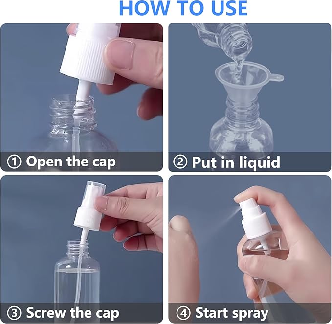 4 Pack 2 Oz (50ml) Mini Spray Bottles Clear Travel Size Spray Bottles Leak Proof with Funnels and Labels