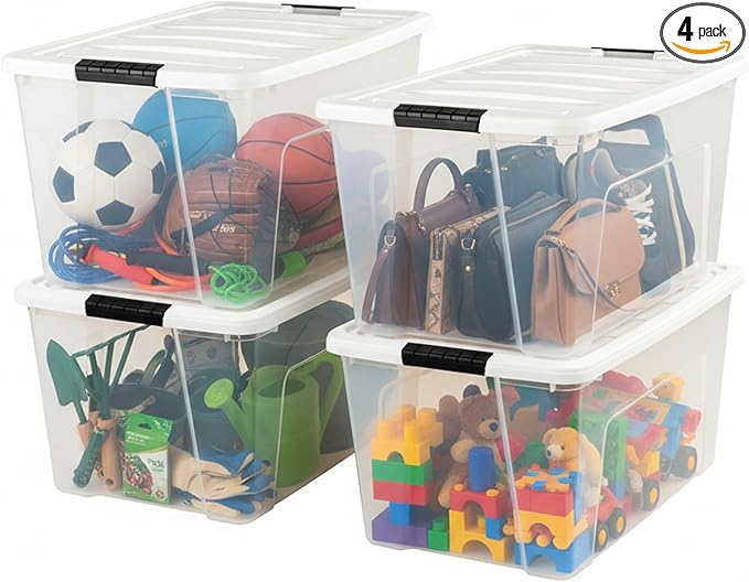 IRIS USA 72 Qt Stackable Plastic Storage Bins with Lids, 4 Pack - BPA-Free, Made in USA - See-Through Organizing Solution, Latches, Durable Nestable Containers, Secure Pull Handle - Clear/White