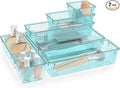 7 PCS Clear Plastic Drawer Organizers Set, 4 Size Desk Drawer Organizer Trays for Makeup, Jewelry, Kitchen Utensils, Gadgets and Office Accessories, Sea Blue