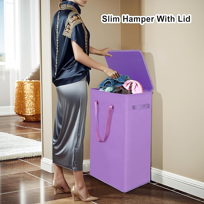 Odonata 75L Slim Laundry Hamper with Lid,Large Foldable Laundry Basket with Removable Bag and Handles Tall Collapsible Dirty Clothes Basket Great for Bedroom, Bathroom, Dorm, College,RV.(Purple, 75L)