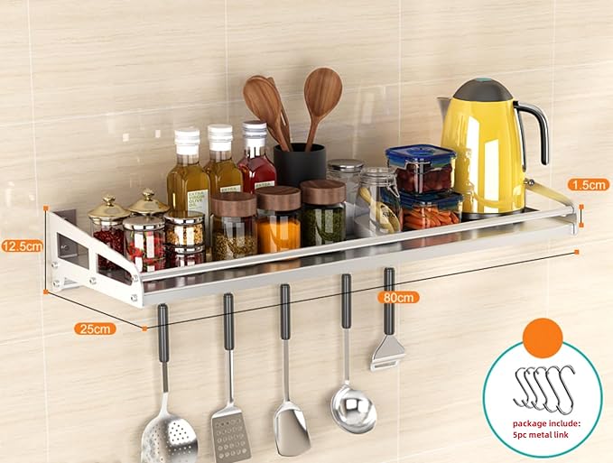 Wall Mount Metal Wall Shelf Kitchen Spice Condiment Racks 304 Stainless Steel fit Storage Rack Bedroom Bathroom Living Room Shelves (Length31.5 width9.8)