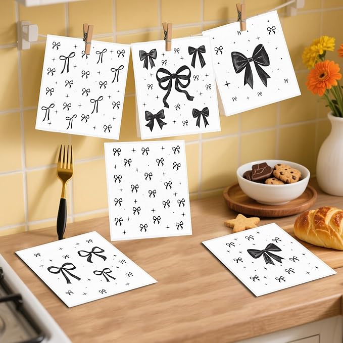 Swedish Dishcloths for Kitchen, 6PCS Black Bow Cellulose Sponge Reusable Paper Towels Washable, Absorbent Fast Drying Swedish Dish Cloth for Home Cleaning