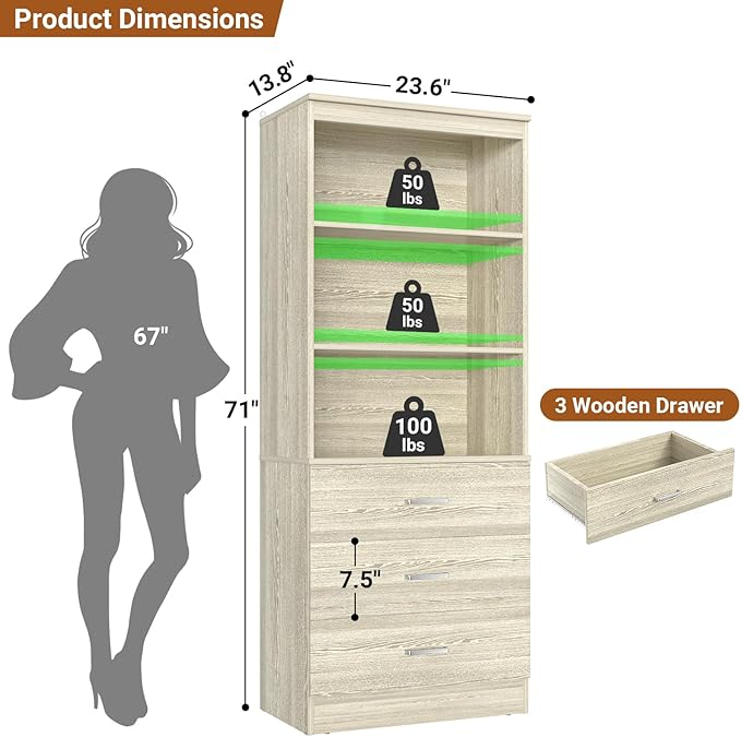 Aheaplus 23.6" Closet Drawers System, Wood Closet Organizer System with 3 Drawers, Modular Small Walk-in Closets Storage Unit, White Oak1 (23.6"L x 13.8" W x 71" H)
