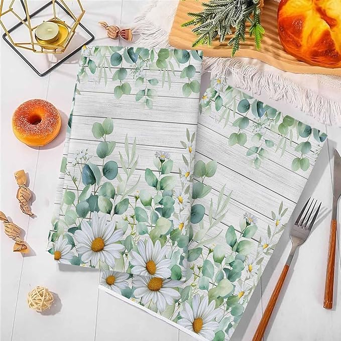 Kitchen Towels Set of 2, Green Eucalyptus Leaves Soft Microfiber Dish Towels, Daisy Summer Botanical Wooden Absorbent Quick-Dry Washable Dishcloths for Kitchen Cleaning, Drying Dishes, 18x28 Inches