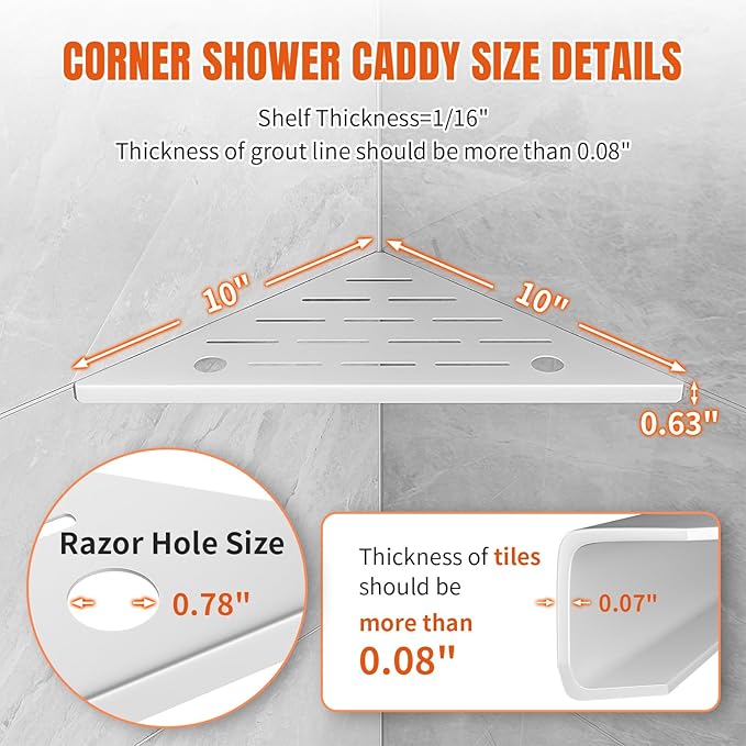 HBXS Corner Shower Shelf with Razor Hole, Rustproof Stainless Steel Shower Organizer, No Drilling Tile Shower Shelves, Modern Bathroom Shelf for Tile Wall, Grout in Shelf for Bathroom 2-Pack, 10"