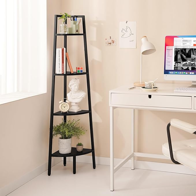 Yoobure 4-Tier Corner Shelf with Metal Frame, Ladder Bookshelf Display for Bedroom Living Room, Tall Bookcase Plant Stand, Wood Small Shelf Stand Home