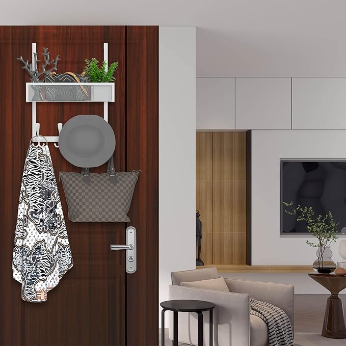 Kaiferty Over The Door Hooks Organizer,Over Door Hanger Towel Rack Mesh Basket with 12 Hooks,Back of Door Storage Organizer for Bedroom,Bathroom,Kitchen,Office(White)